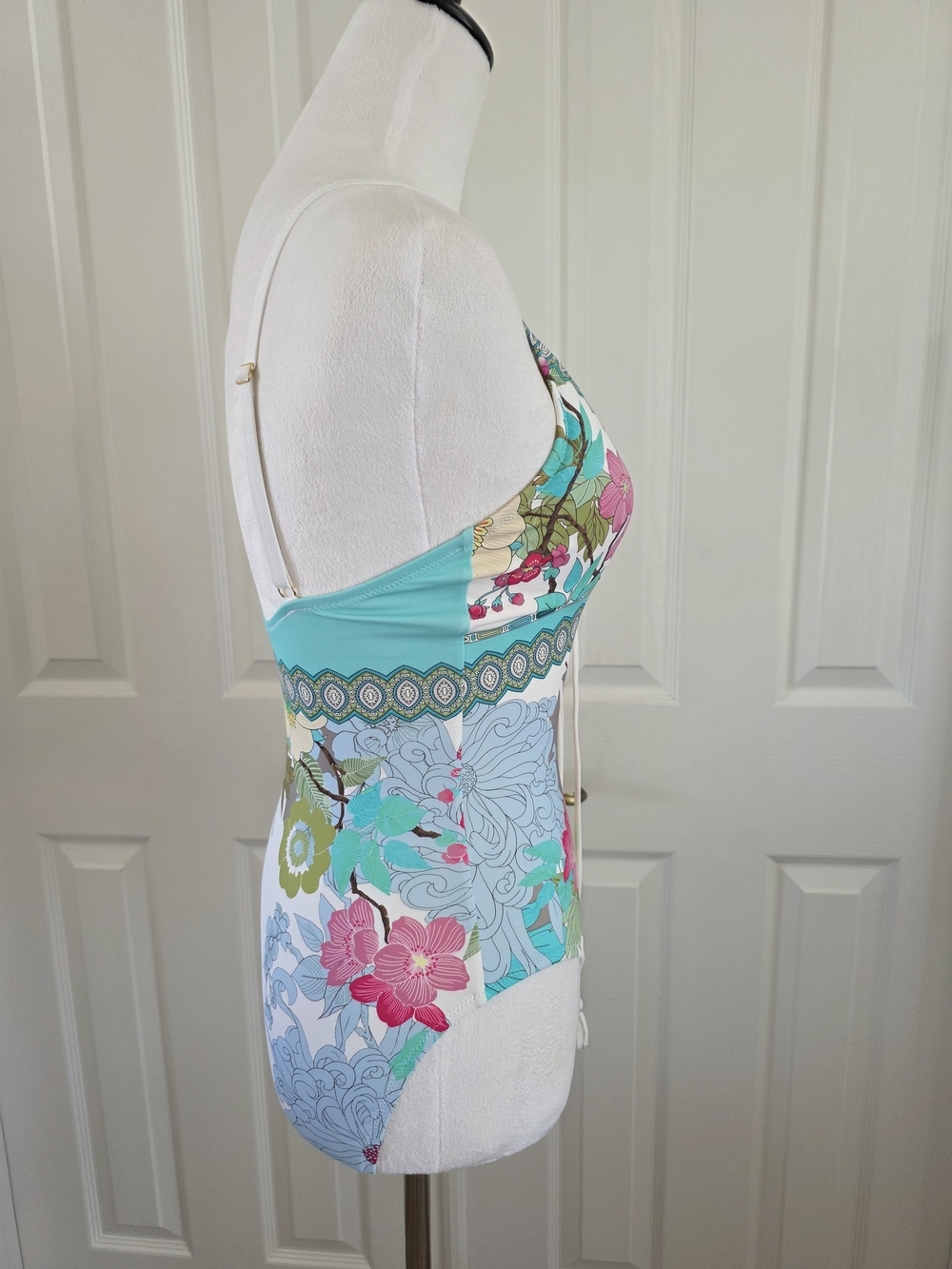 Johnny Was Cora Lace Up One Piece Swimsuit Blue Floral Print SZ S Boho Resort - Picture 8 of 14